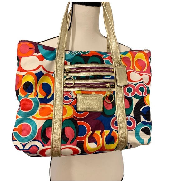 COACH Logo POPPY colorful gold leather trim purse tote - Picture 6 of 17